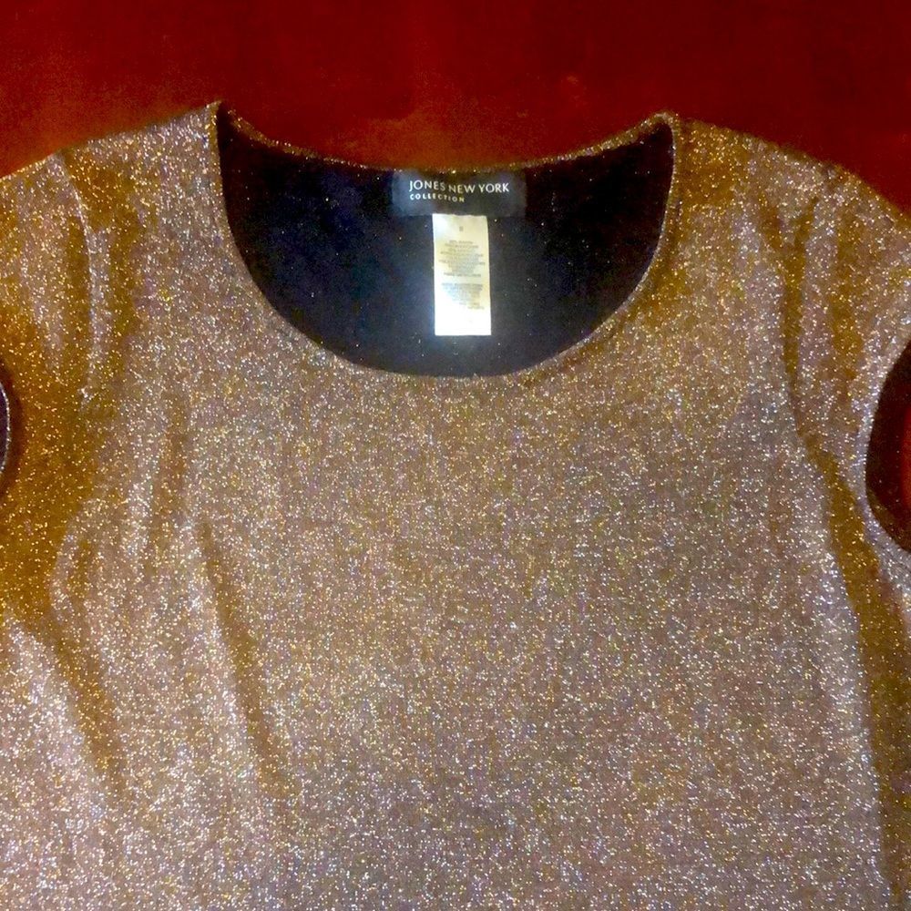 Jones New York Collection scoop neck/sparkly metallic/ cap sleeve/ knit/brown/Sm